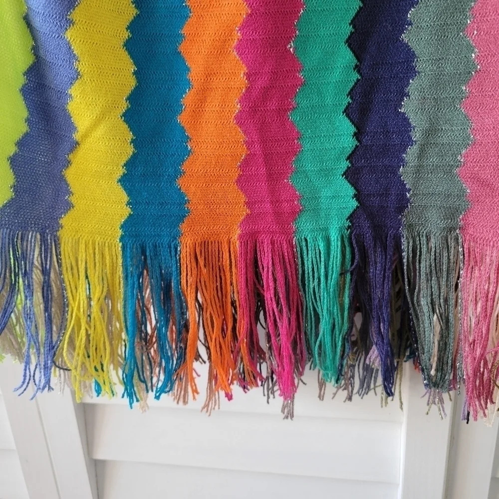 Rainbow 70s Retro Stripe Chevron Print Fringe Oversize Blanket Shawl 61X47 - Picture 3 of 5